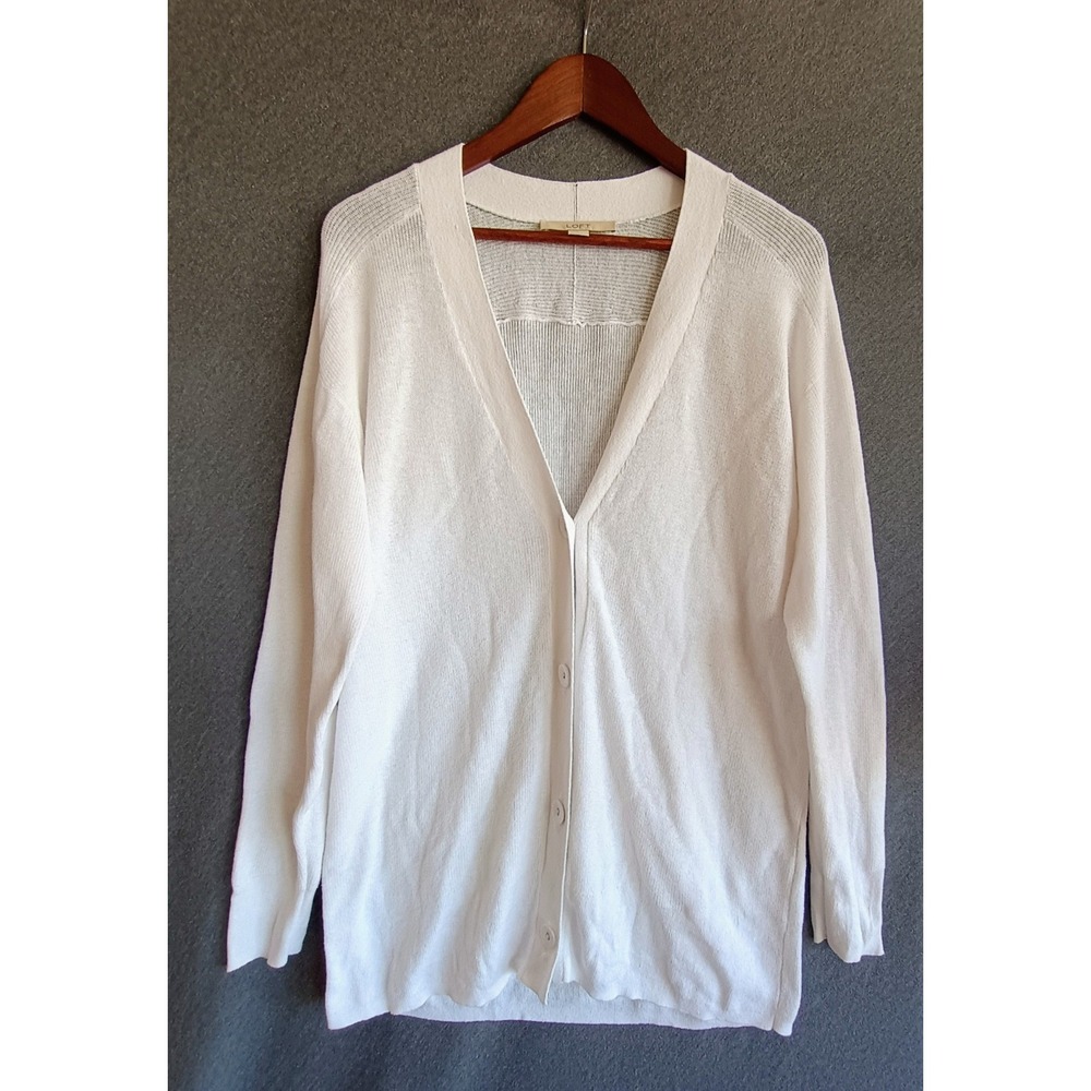 Loft Womens XL White Linen Blend V-Neck Button Front Cardigan Sweater Light